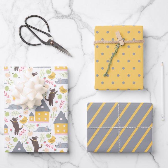 Feuille De Papier Cadeau Cute Maison Jaune Baby shower aux chiots (Recto)