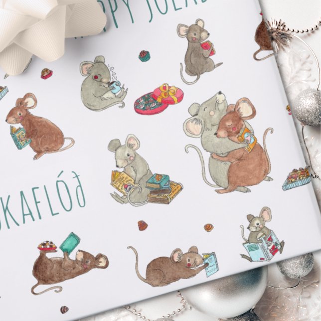 Feuille De Papier Cadeau Cute Mice Lecture Livres Jolabokaflod (Jolabokaflod Wrapping Paper)