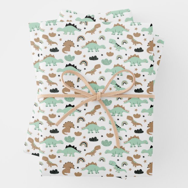 Feuille De Papier Cadeau Cute Mint Green Dinosaur Motif (En situation)