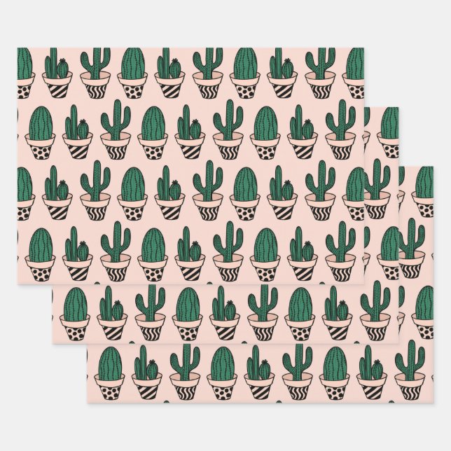 Feuille De Papier Cadeau Cute moderne rose vert poted Motif (Lot)