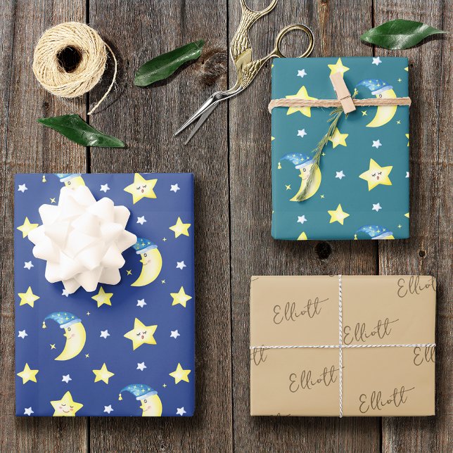 Feuille De Papier Cadeau Cute Moon et étoiles Motif Baby shower bleu (Créateur téléchargé)