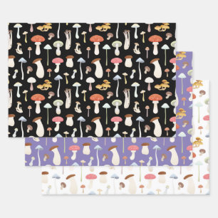 Feuille De Papier Cadeau Cute Motif de champignons en noir, violet et blanc