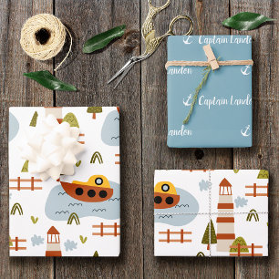 Feuille De Papier Cadeau Cute Nautical Lighthouse Bateau Motif
