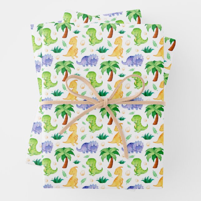 Feuille De Papier Cadeau Cute Neon Aquarelle Dinosaur Motif (En situation)
