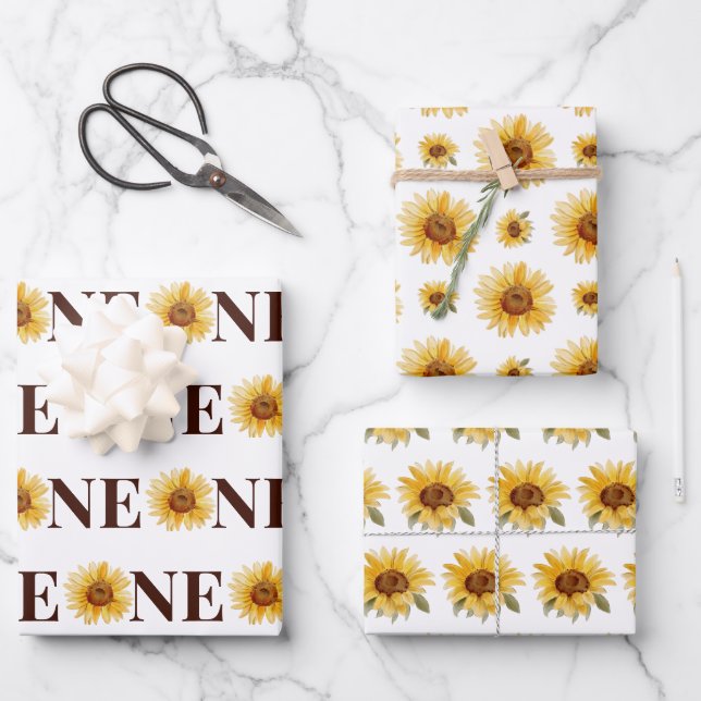 Feuille De Papier Cadeau Cute One Sunflower 1er anniversaire (Recto)