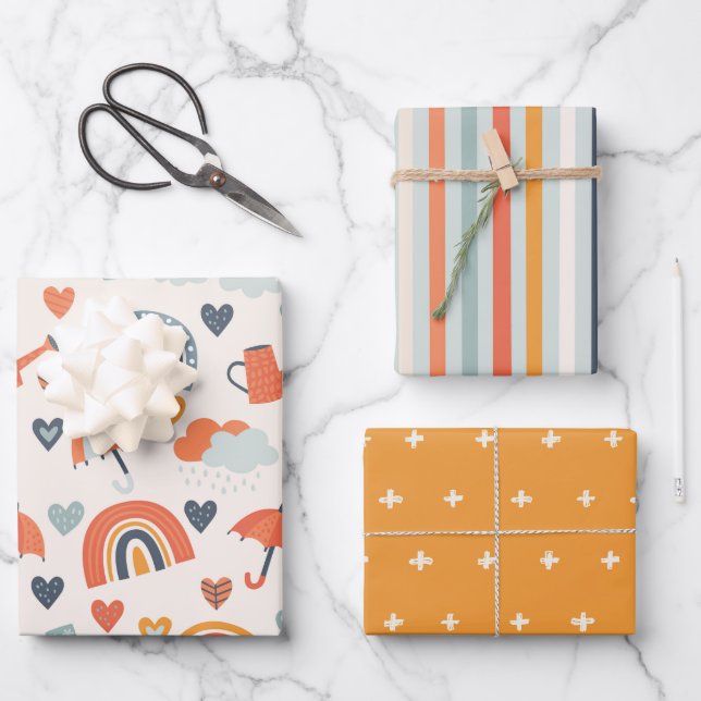 Feuille De Papier Cadeau Cute Orange Blue Spring Rainbow Clouds Motif (Recto)