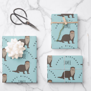 Feuille De Papier Cadeau Cute Otter Motif Nom personnalisé Anniversaire
