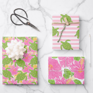 Feuille De Papier Cadeau Cute Palm Beach Fleurs et tortues tropicales