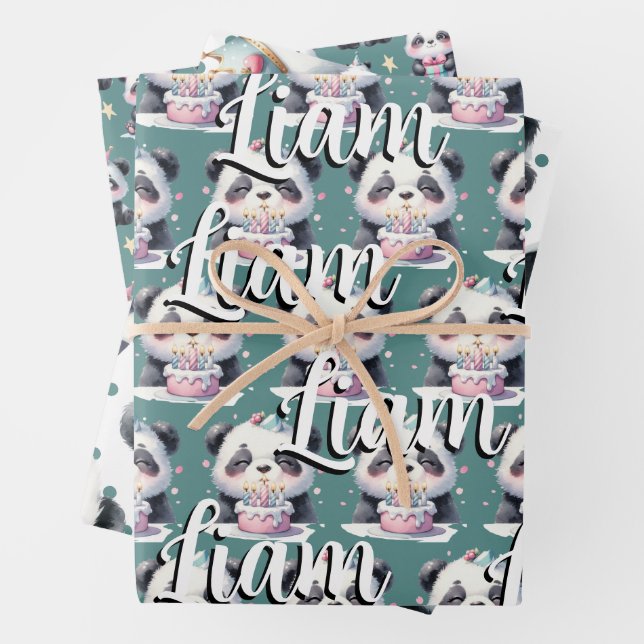 Feuille De Papier Cadeau Cute Panda Motif Anniversaire Garçon Vert (En situation)