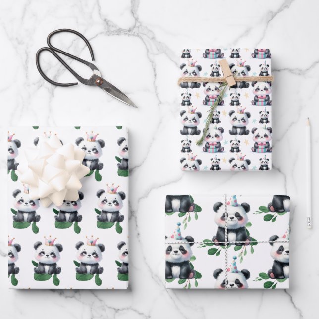 Feuille De Papier Cadeau Cute Panda Motif Ours avec verdure et cadeaux (Recto)