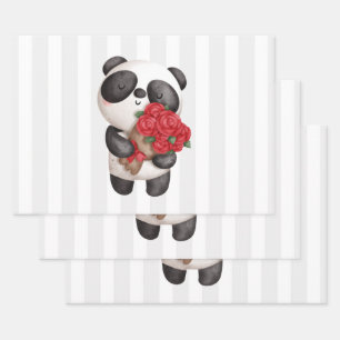 Feuille De Papier Cadeau Cute Panda Ours portant Bouquet de Rose