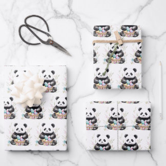 Feuille De Papier Cadeau Cute panda Pâques aquarelle fleurie
