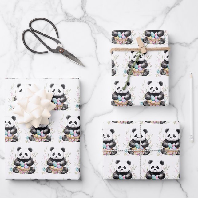 Feuille De Papier Cadeau Cute panda Pâques aquarelle fleurie (Recto)