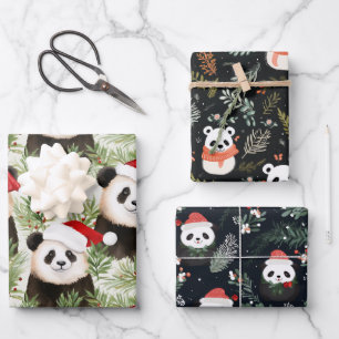 Feuille De Papier Cadeau Cute Panda Rustique Vacances hiver aquarelles