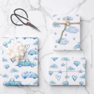 Feuille De Papier Cadeau Cute Pastel Baby Boy Blue Trucks Nuages Coeurs