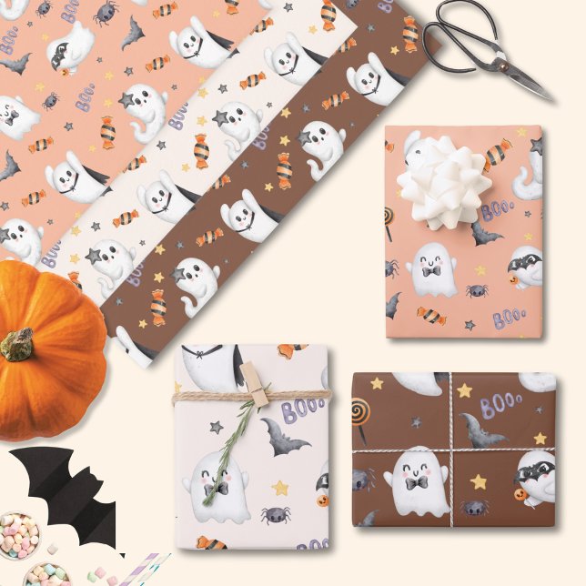 Feuille De Papier Cadeau Cute Pastel Brown Boo Ghost Halloween (Créateur téléchargé)
