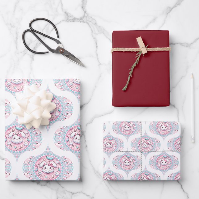 Feuille De Papier Cadeau Cute Pastel Kawaii Bunny Dot Mandala Retro Ogee (Recto)