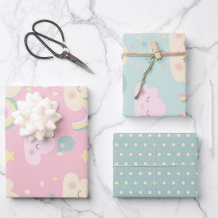 Feuille De Papier Cadeau Cute Pastel Kawaii Nuages Motif arc-en-ciel