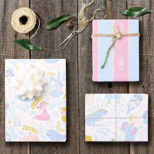 Feuille De Papier Cadeau Cute Pastel Rose animal Monogramme Baby shower fil