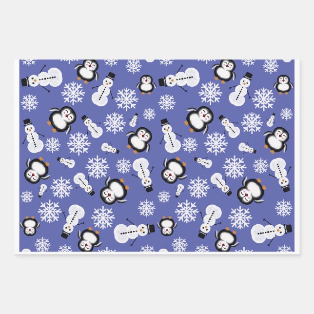 Feuille De Papier Cadeau Cute Penguins & Snowmen Winter Pattern Wrapping  (Devant 3)
