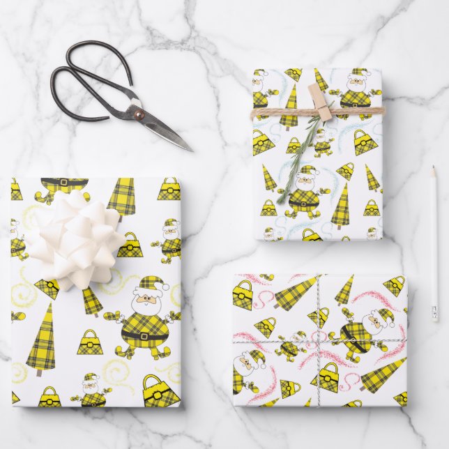 Feuille De Papier Cadeau Cute Père Noël Tartan Jaune Avec Purée (Recto)