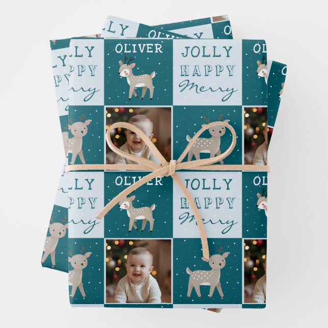 Feuille De Papier Cadeau Cute Personalized Baby Photo Reindeer Christmas (En situation)
