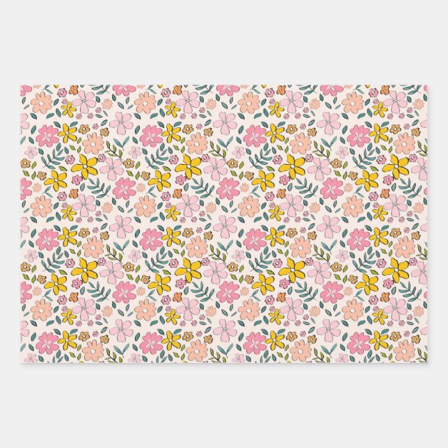 Feuille De Papier Cadeau Cute Pink and Yellow Floral Pattern (Devant)