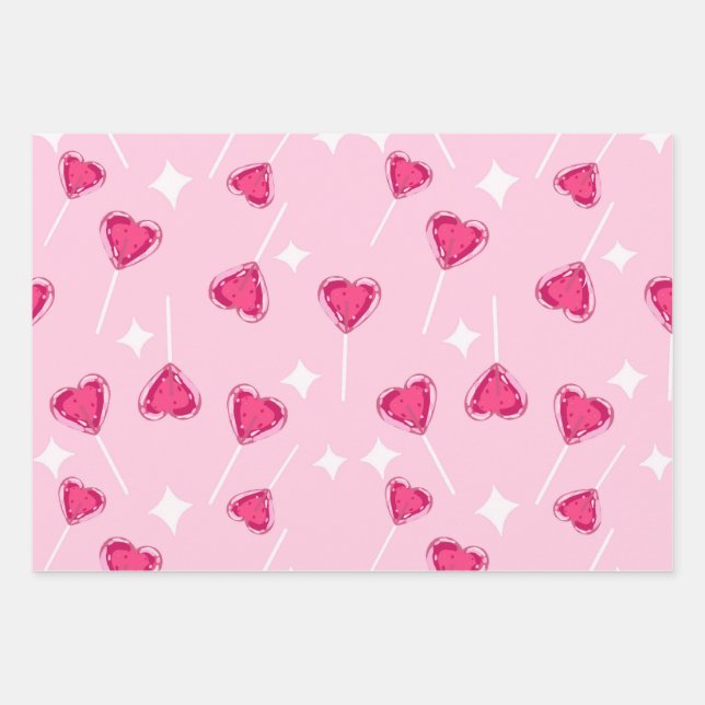 Feuille De Papier Cadeau Cute Pink Heart Lollipop Seamless Pattern (Devant)