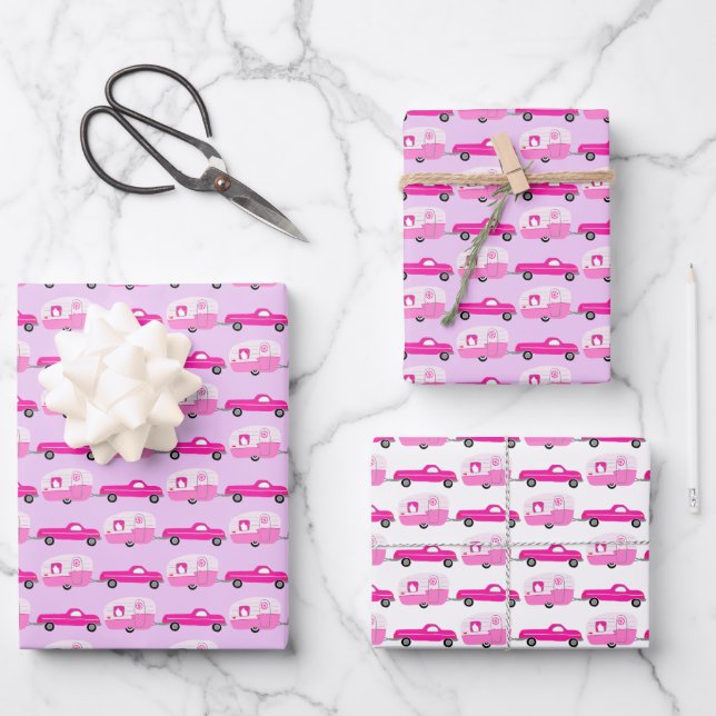 Feuille De Papier Cadeau Cute Pink Truck & Trailer RV Adventure (Recto)