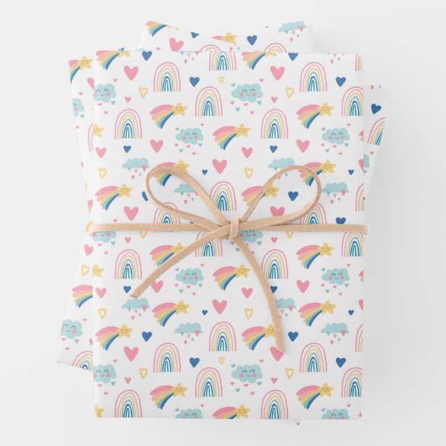 Feuille De Papier Cadeau Cute Rainbow Hearts & Clouds Motif (En situation)