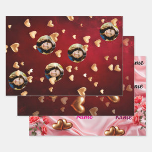 Feuille De Papier Cadeau Cute Red floral & Coeurs roses Saint Valentin