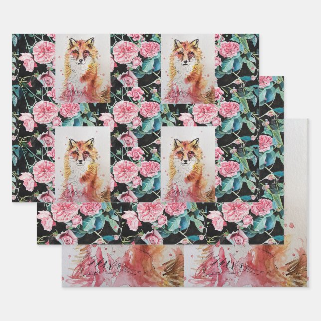 Feuille De Papier Cadeau Cute Red Fox Aquarelle Rose Bois Animal Art (Lot)