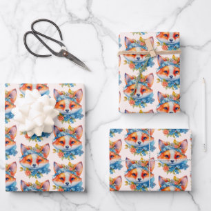 Feuille De Papier Cadeau Cute Renard Orange avec Motif de la Couronne Flora