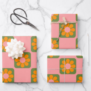 Feuille De Papier Cadeau Cute Retro Hippie Fleur Checkerboard Rose Vert
