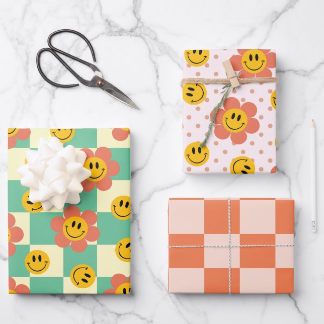 Feuille De Papier Cadeau Cute Retro motifs en damier avec fleurs (Recto)