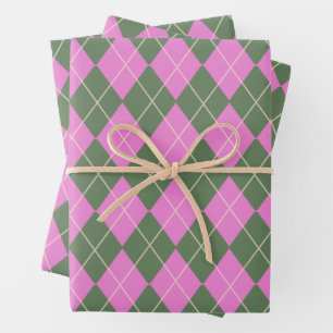 Feuille De Papier Cadeau Cute Retro Preppy Pink et Motif de Jacquard vert