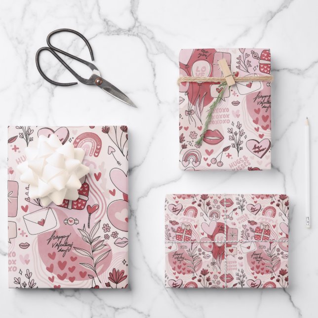 Feuille De Papier Cadeau Cute Romantic Hugs Baisers Saint Valentin Fille (Recto)