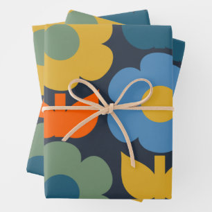 Feuille De Papier Cadeau Cute Scandi Retro Moderne Motif Floral Bleu