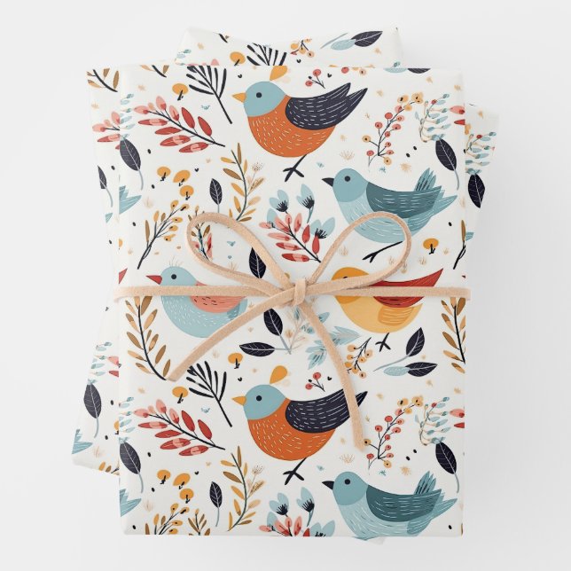 Feuille De Papier Cadeau Cute Scandinavian Bird Folk Art Nature (En situation)
