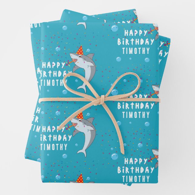 Feuille De Papier Cadeau Cute Shark à la fête des Anniversaires de enfants  (En situation)