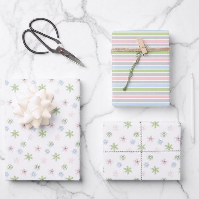 Feuille De Papier Cadeau Cute Simple Pastel Doux Floral & Stripes (Recto)