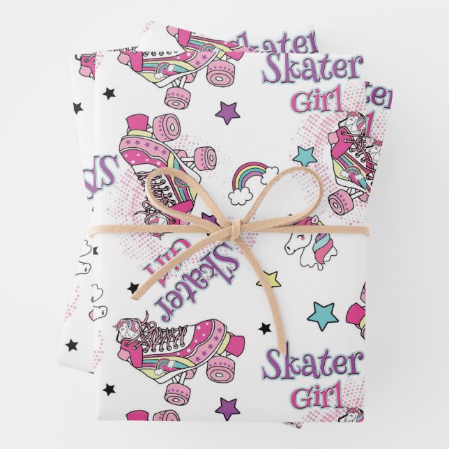 Feuille De Papier Cadeau Cute Skater Girl Unicorn Roller Skate Pattern (En situation)