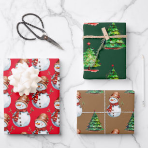 Feuille De Papier Cadeau Cute Snowman et sapin de Noël Aquarelle Motif