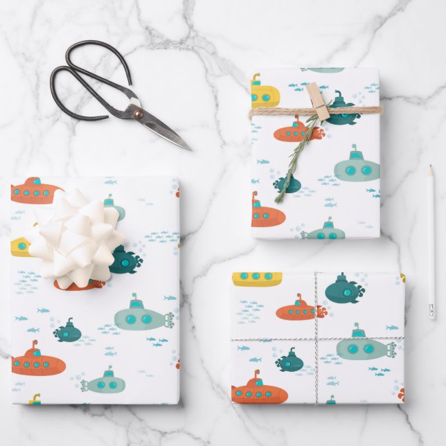 Feuille De Papier Cadeau Cute Submarine Nautical Deep Sea Fish Pattern (Recto)