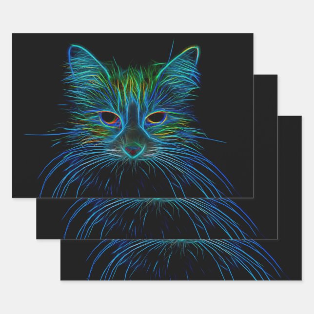 Feuille De Papier Cadeau Cute Tabby Chat Design Bleu Vert Pop Noir Art (Lot)