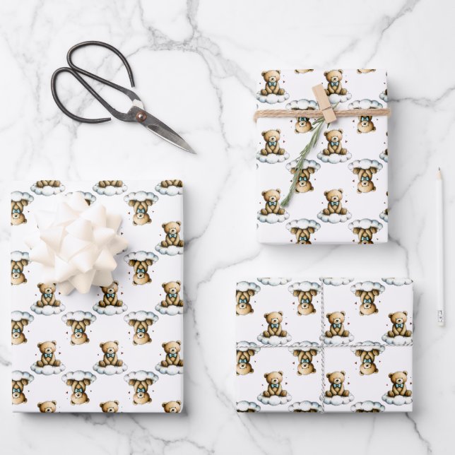 Feuille De Papier Cadeau Cute Teddy Bear on Fluffy Cloud Blue Bow Tie (Recto)