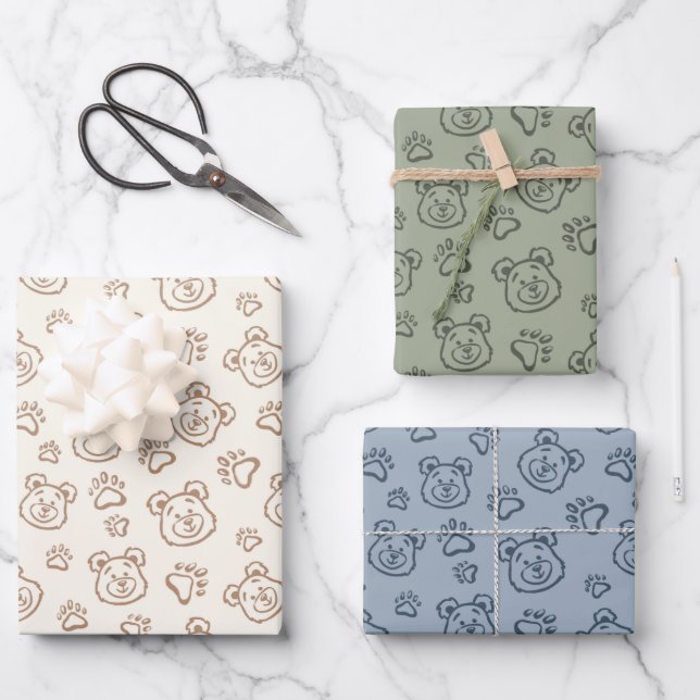 Feuille De Papier Cadeau Cute Teddy Bear Paws Modern Boho Boy Baby Kids (Recto)