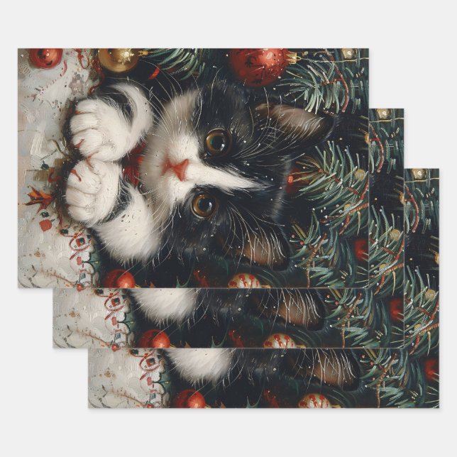 Feuille De Papier Cadeau Cute Tuxedo Kitten Christmas Chat Art (Lot)