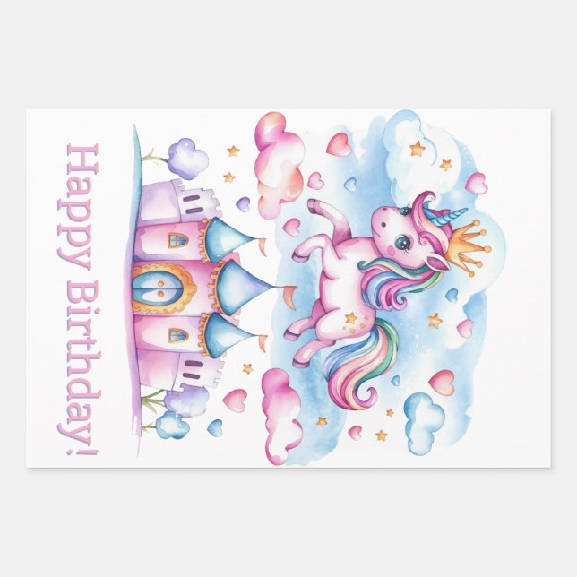 Feuille De Papier Cadeau Cute Unicorn Magique Castle Girl Anniversaire (Devant)