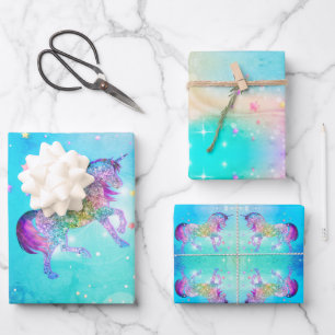 Feuille De Papier Cadeau Cute unicorn rose Parties scintillant arc-en-ciel